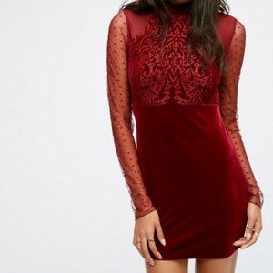 FREE PEOPLE Maroon velvet dress w mesh long sleeve